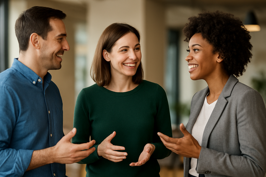Three adults talking to each other